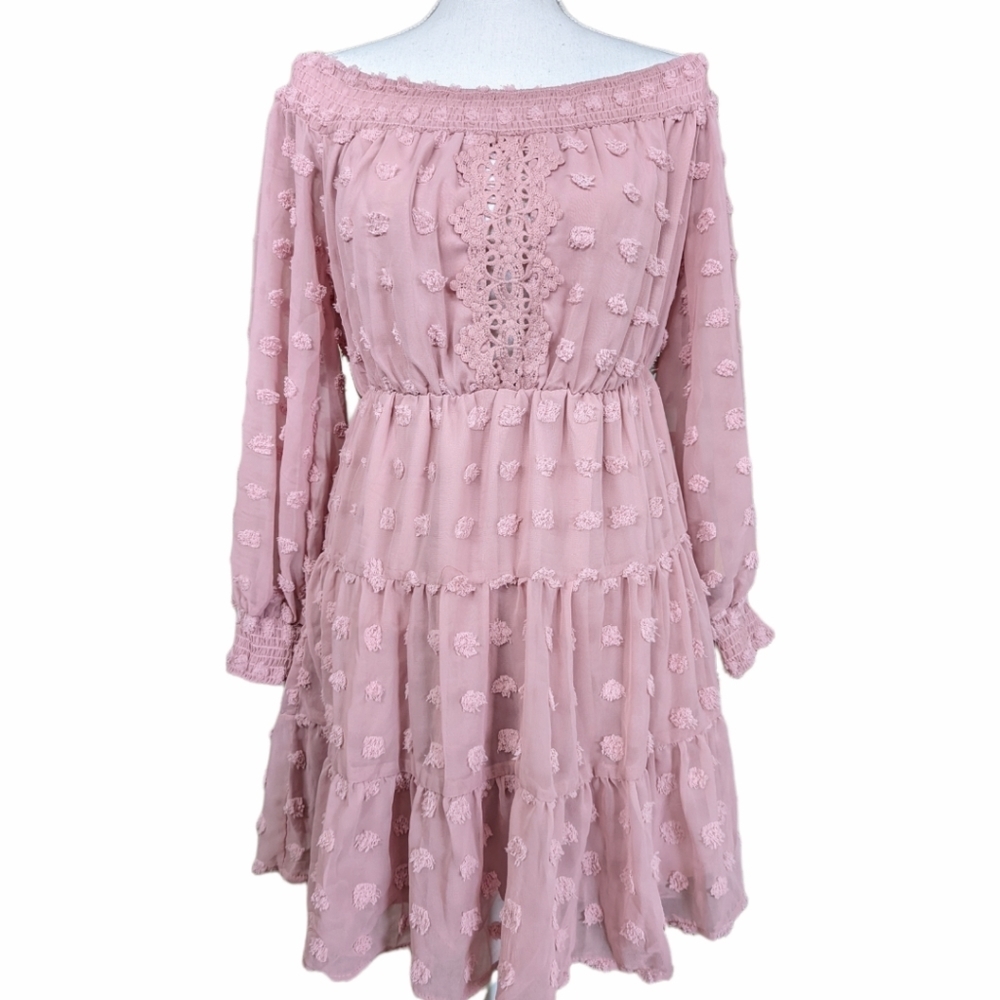 Romantic Blush Off-Shoulder Mini Dress with Textured Dots - Picture 2 of 4